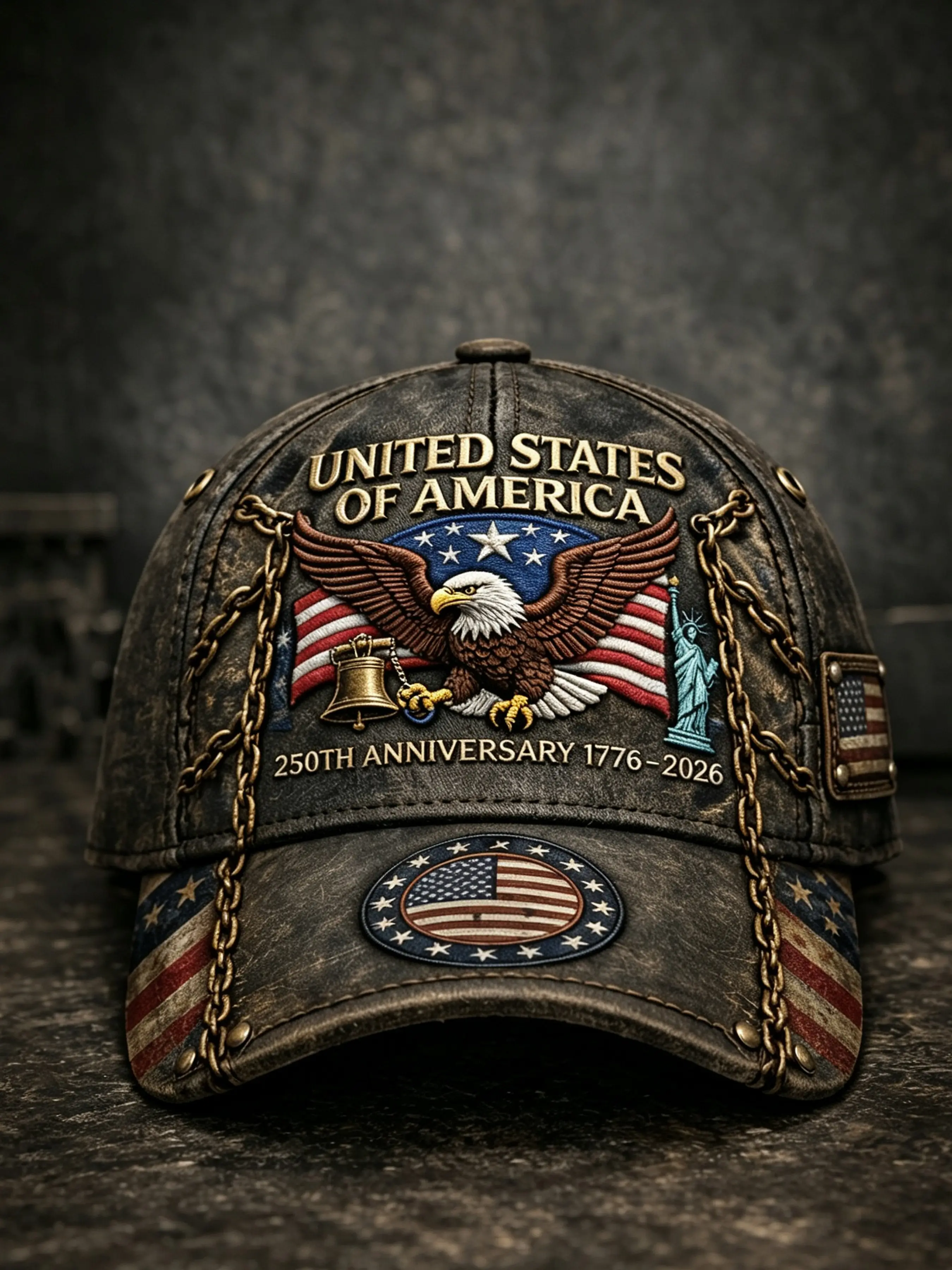 Classic Retro American 250th Anniversary Baseball Hat, Leather Patriotic Cap with Flag and Liberty Bell Print, Graphic Hat, Adjustable, Unisex, Casual Wear