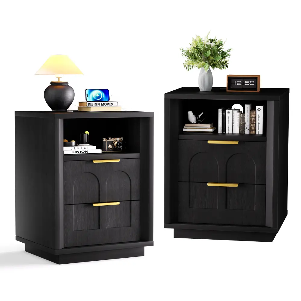 Littleox Large two-piece bedside table set, 2-drawer side table, spacious storage side table with Type-C charging station and metal handles, suitable for bedrooms, living rooms, and offices, Black
