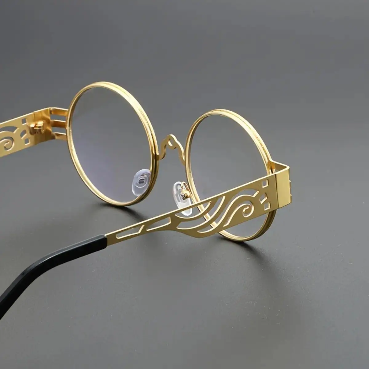 Vintage Steampunk Non Prescription Glasses for Men and Women, Gold Metal Frame Eyewear with Ornate Temples for Gothic Industrial Style