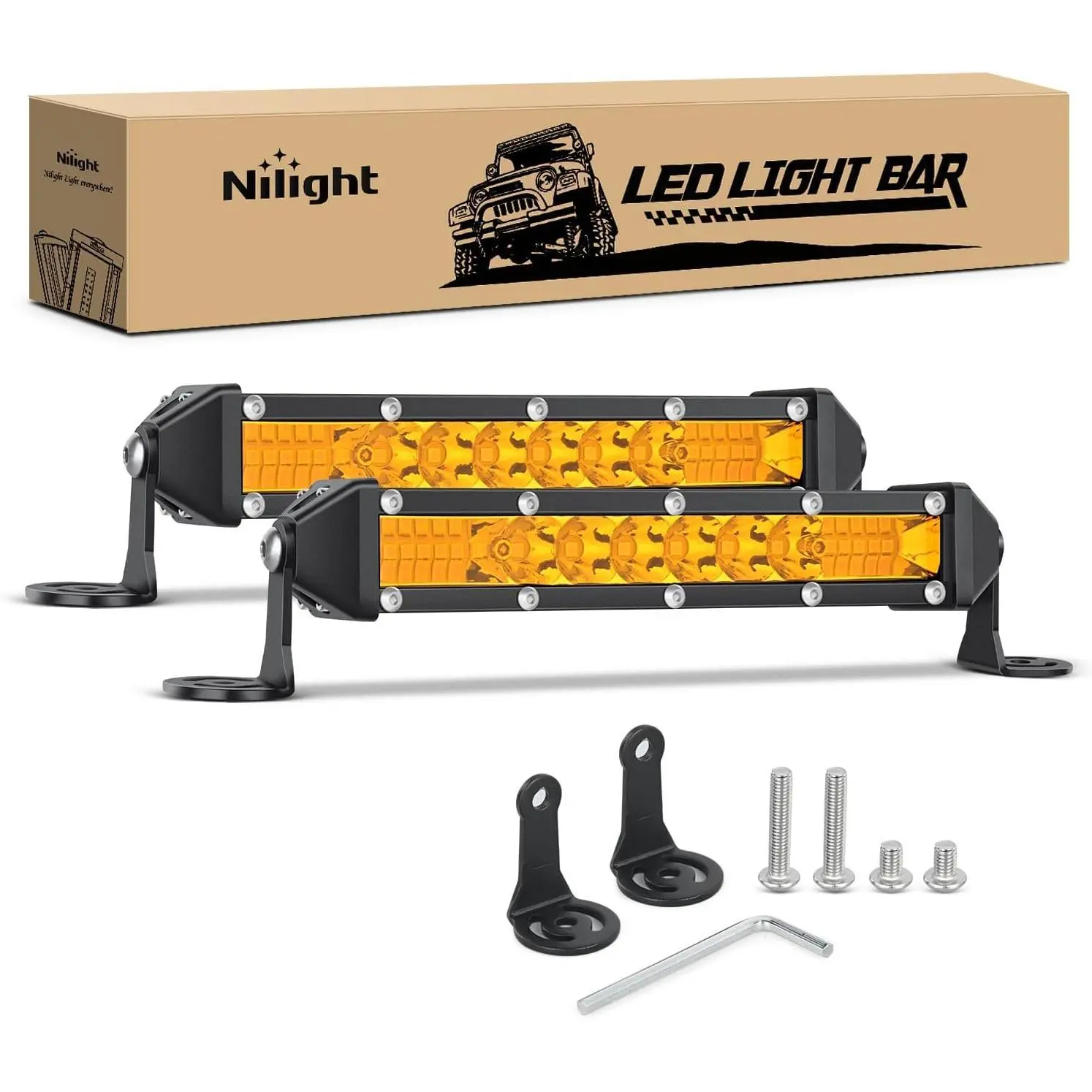 Nilight 2-Pack Slim Aluminum 7-in 16LED Single Row Spot-Flood Combo Amber Off-Road Lights, Waterproof Shock/Vibration Resistant, 12V-24V for ATV, Dirt Bike, Boat - Front Bumper Roof Rack Mounting with Mount Kit