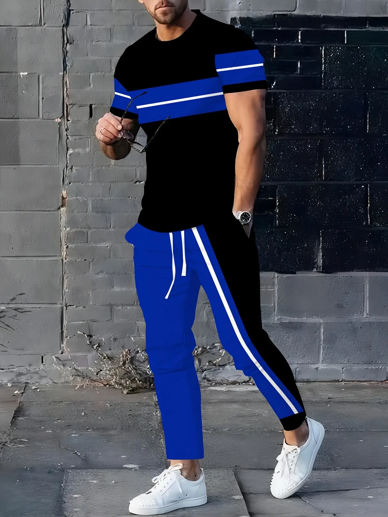 Men Color Block tripe 2 Piece Tracksuit, Crew Neck Short Sleeve T-Shirt & Stripe Drawstring Pants Casual Sport Matching Outfit