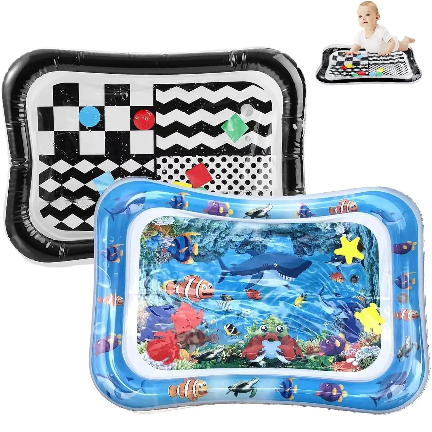 2-Pack Baby Tummy Time Water Mat 3-36 Months - High Contrast Black & White + Ocean Sensory Play Mat - BPA-Free Leak-Proof Inflatable Infant Toys for Brain Development & Motor Skills(Gift)