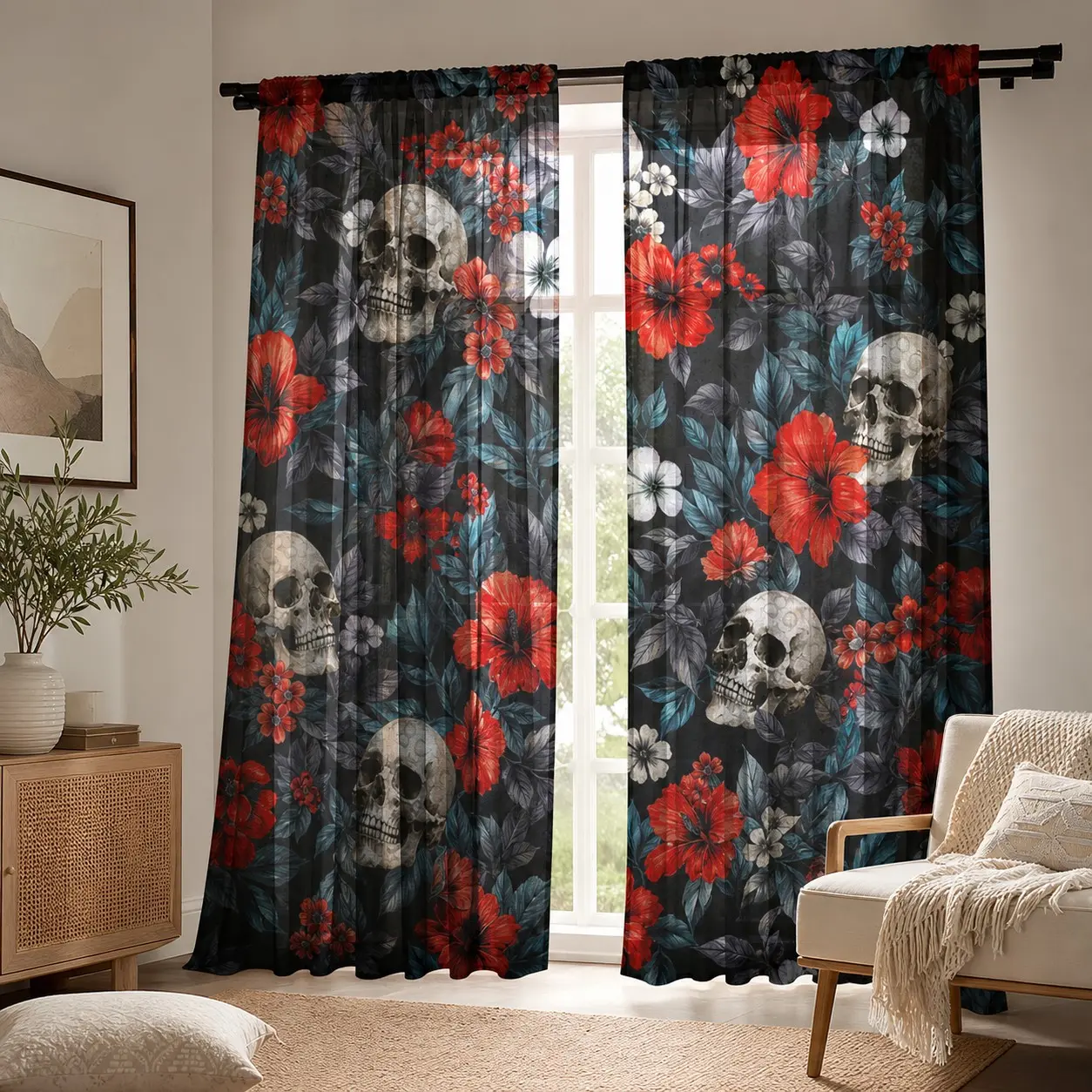 Gothic Skull Floral Semi-Transparent Curtains, Vintage Halloween Decor, Bedroom Living Room Bar Tattoo Studio Home Decoration
