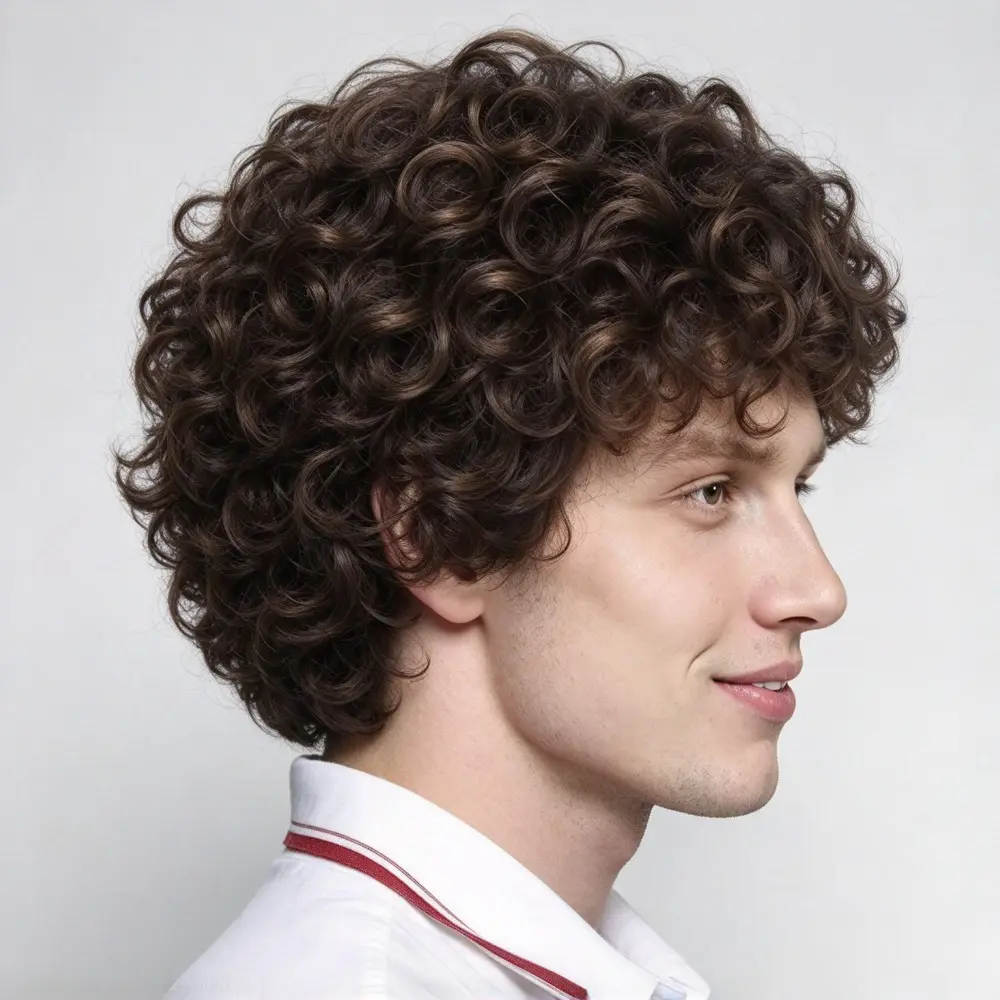 Brown Short Curly Synthetic Wig for Men, Fluffy Natural Looking Mens Full Wig