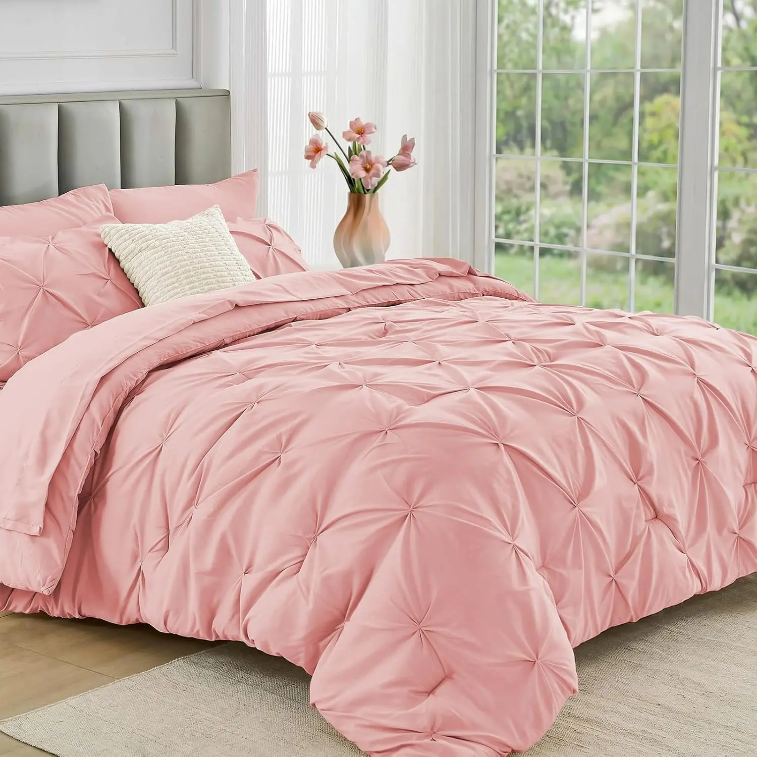 Queen Comforter Set 7 Pieces - Bed in a Bag Queen for All Season, Pintuck Bedding Comforter Sets with Comforter, Flat Sheet, Fitted Sheet and Pillowcases & Shams, Pink