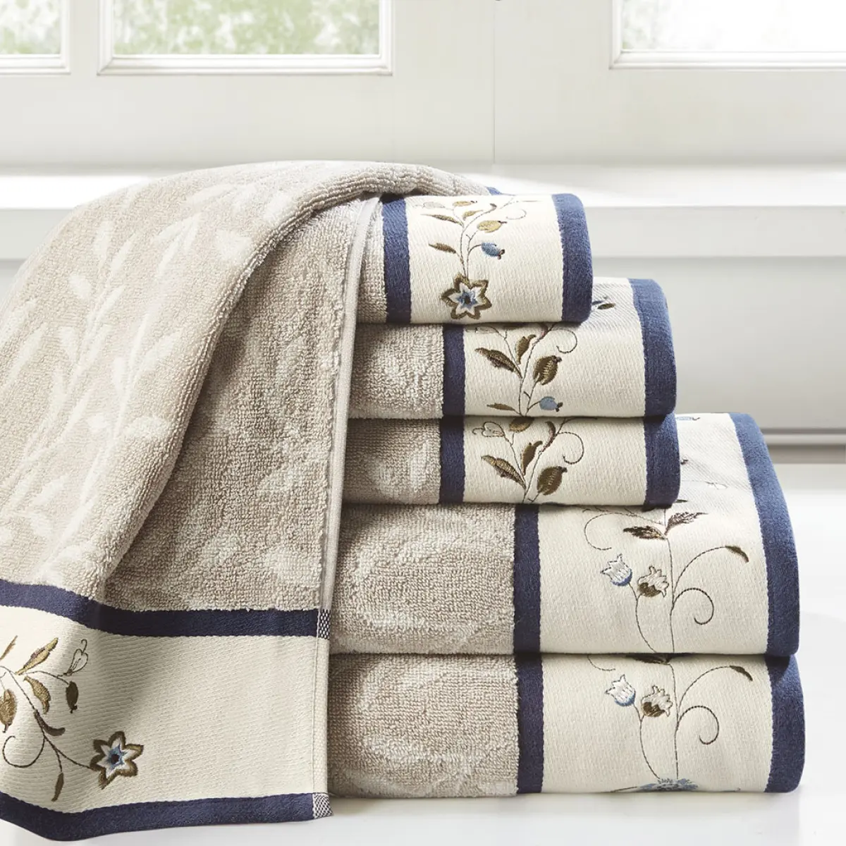 6-Piece High-Quality Cotton Jacquard Adult Towel Set for Home Bathroom Decor, Multi-Size, Soft Thick Durable, Elegant Leaf Embroidery, Anti-Bacterial Contemporary Luxury, Includes Bath, Hand & Washcloths