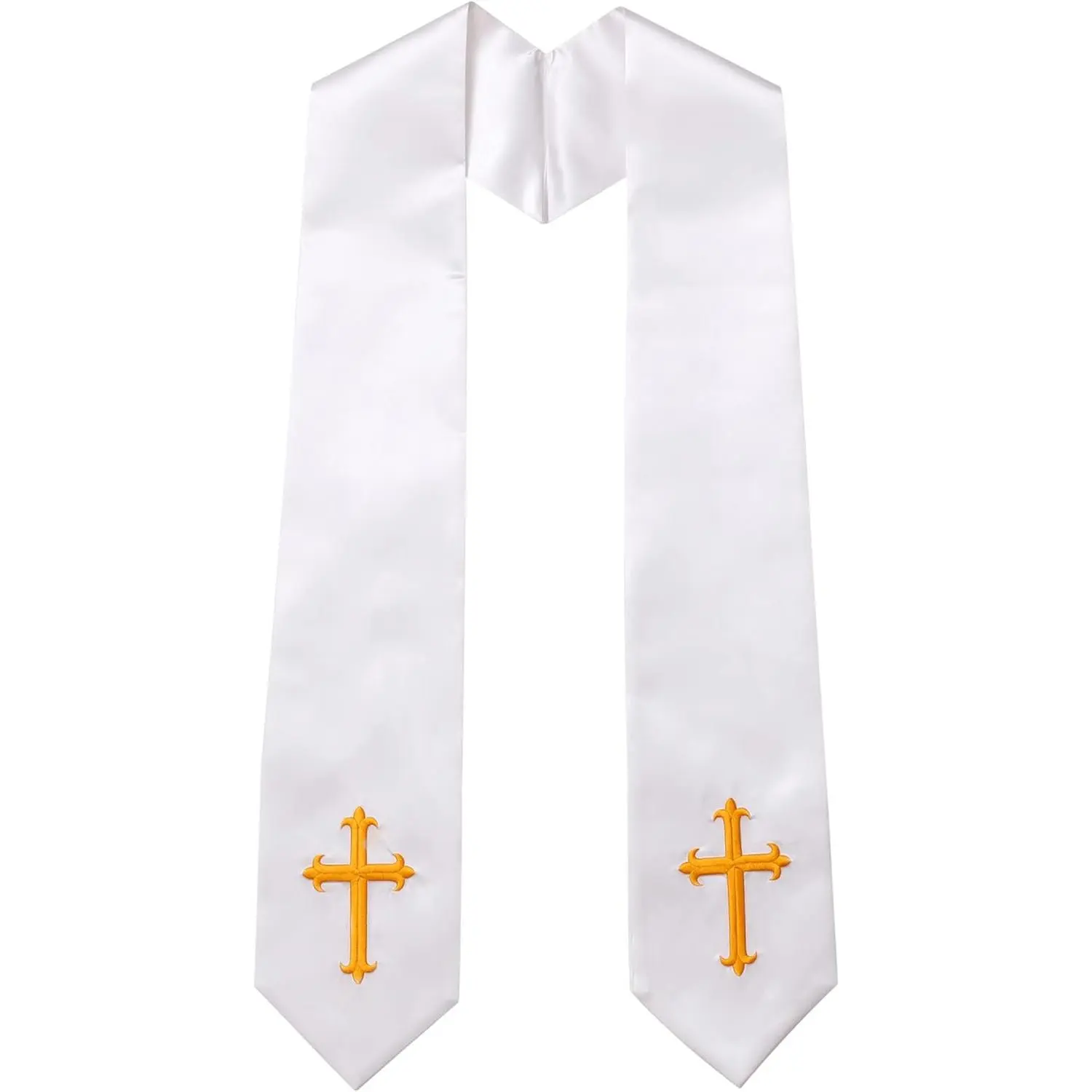 Clergy V-Stole with Embroidered Cross Motif, Unisex 1 Size Polyester Vestment for Church and Choir Wear, One Size