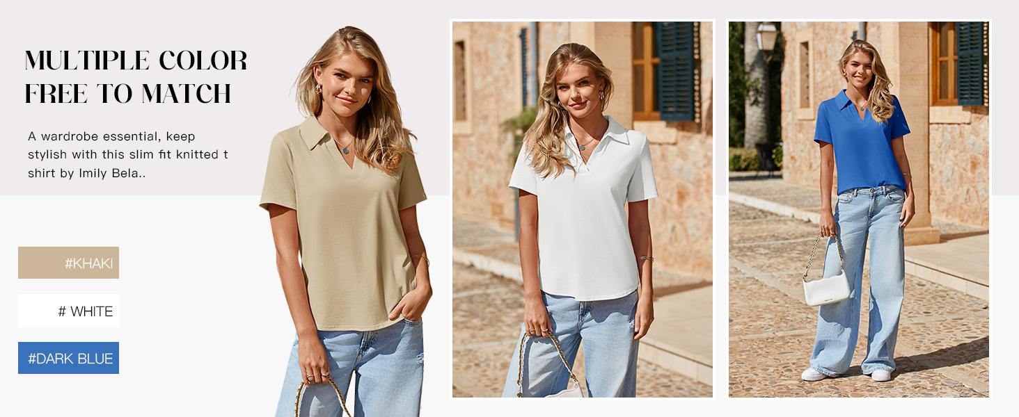 Aoysky Women's Short-Sleeve Fitted Minimalist Lightweight Polyester V-Neck Collared Polo Shirts - Business, Dressy Casual Summer Tops