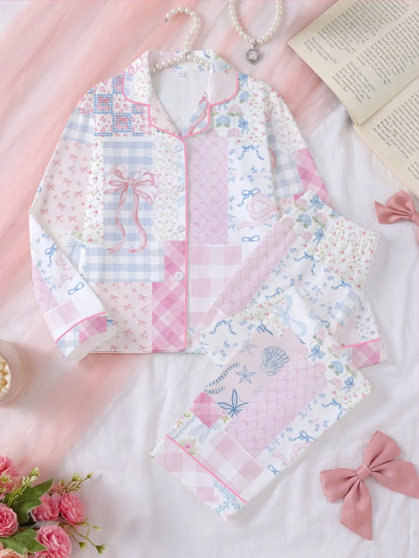 Fall Winter Pajama Set, Cartoon Print Long Sleeve Fitted Sleepwear, Cute Bow Tie Design, Unisex Daily Wear & Party