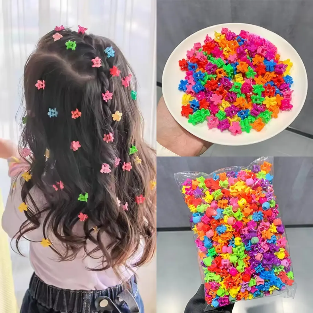 100PCS Cute Mini Hair Claw Clips, Colorful Flower Star Crown Hair Clips for Girls, Kawaii Kids Hair Accessories, Small Claw Clips for Ponytails, Braids, School, Party & Birthday Gifts