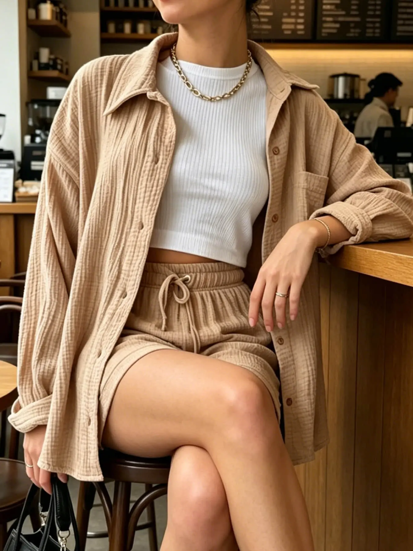 Two piece set, Clothes, casual, Baggy and Basic sun protection shirt set, loose and slimming collared cardigan+elastic waist shorts suitable for summer, seaside vacation, city, street photography, daily commuting, coffee shop, afternoon tea