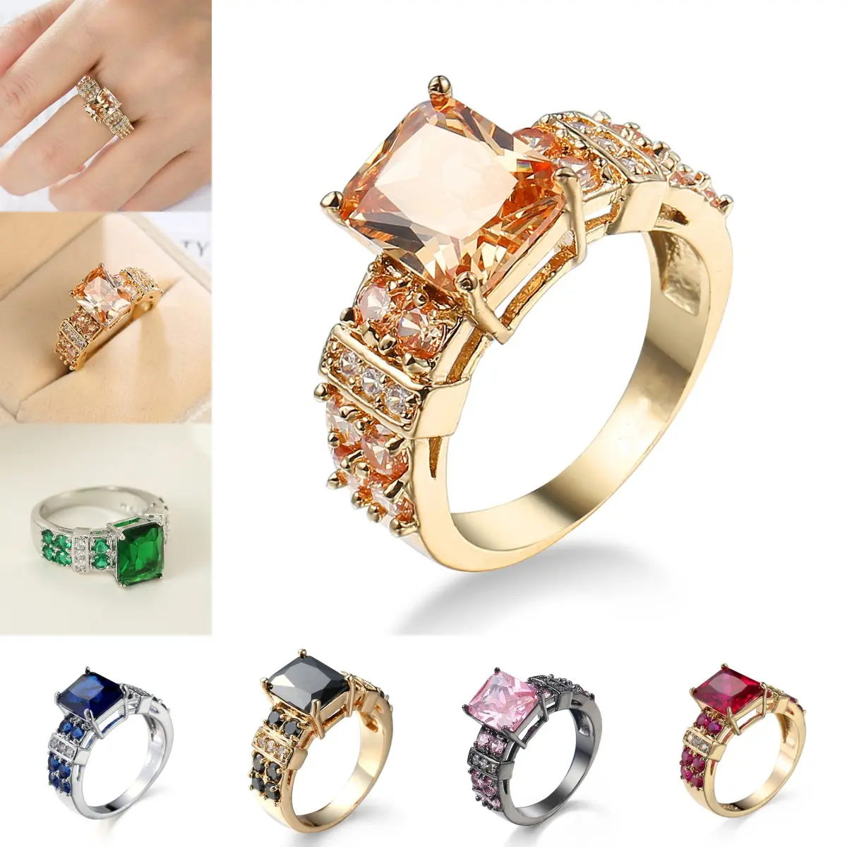 Luxury Black Spinel Ring Gold Plated Radiant Cut Rectangle Black Diamond Engagement Rings Pave Black White CZ Wide Band Wedding Anniversary Gift