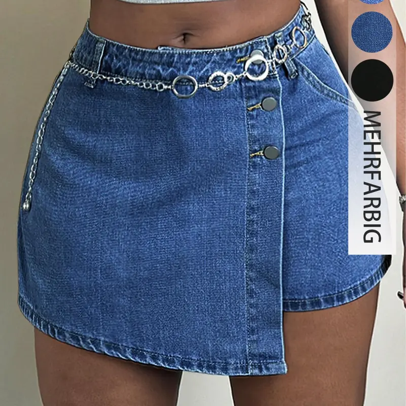 Women's Solid Color Button Fly Denim Skort, Asymmetrical Hem Skort for Daily Wear, Ladies Bottoms for Spring & Summer, Womenswear