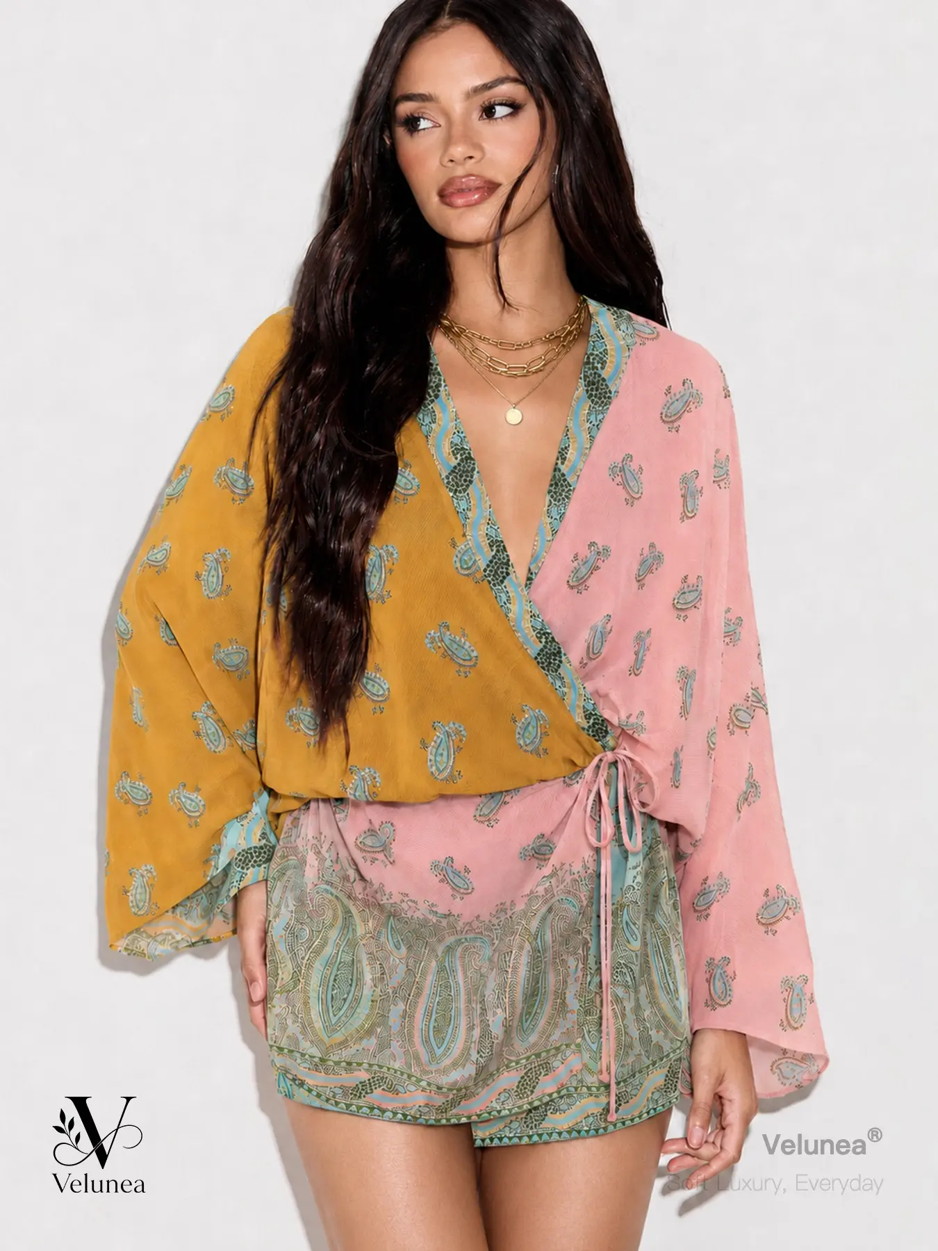Velunea Women’s Chic Boho Paisley Floral Pattern Wrap Romper, Deep V Long Sleeve Kimono Sleeve Tie Waist One Piece Playsuit for Vacation, Beach and Summer Party Outfit