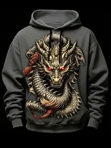 Retro Three-dimensional Coiling Dragon 3D Printed Grey Men's Loose Hoodie