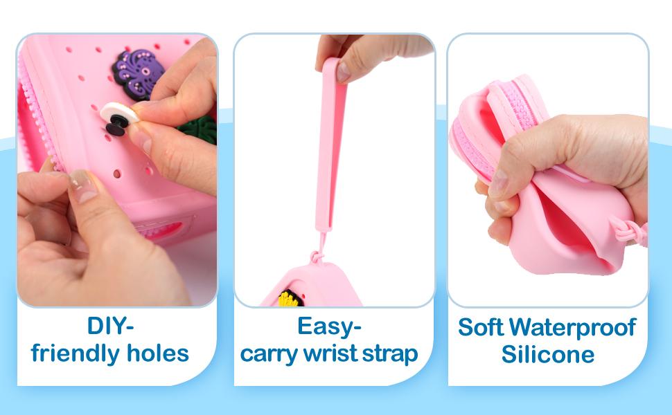 Small Silicone Pouch for Purse – Portable Organizer Bag, Mini Cosmetic Bag Holds Lipsticks, Coins, Travel Accessories, Zipper Pouch, Small Makeup Bag With 5 Charms(Pink)