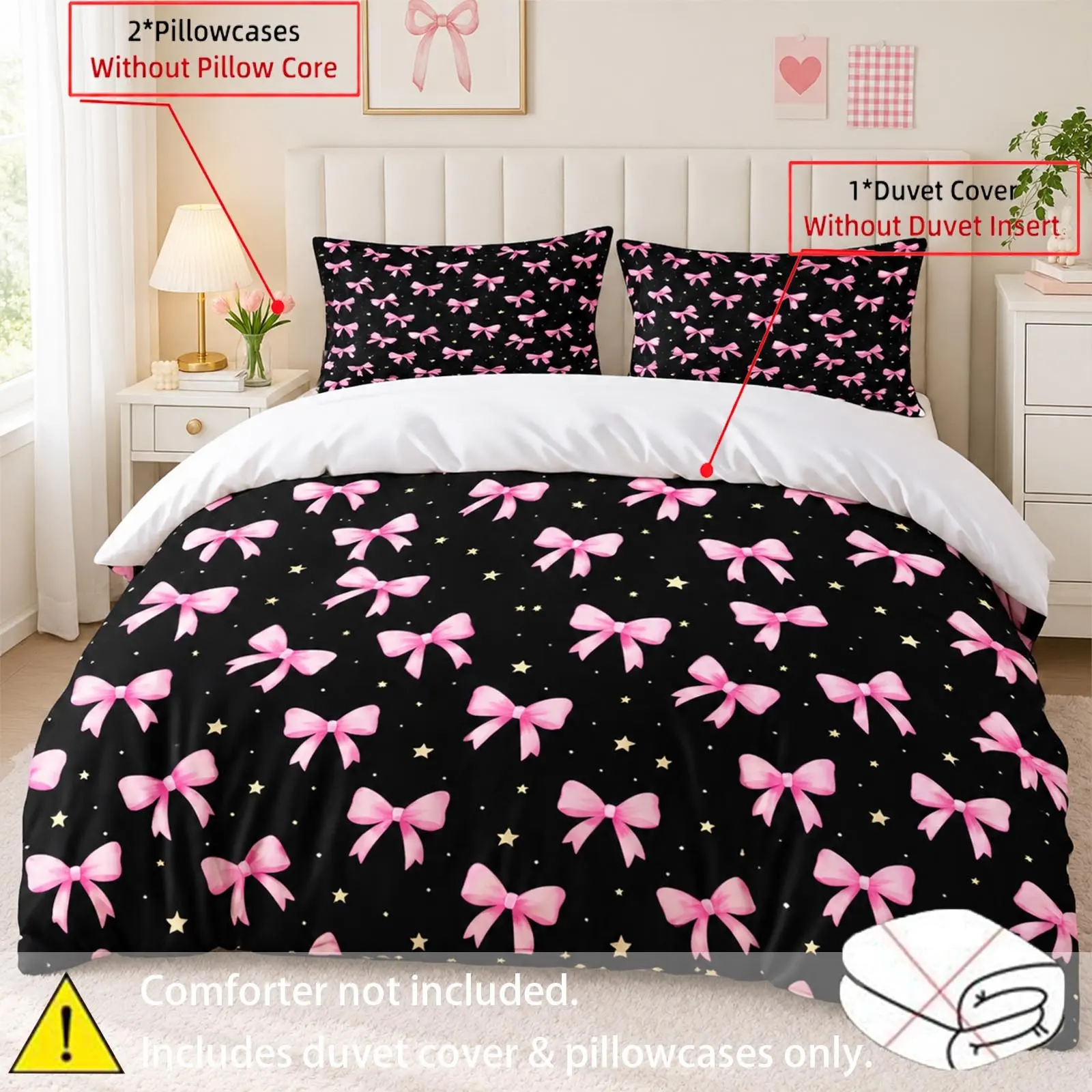 3pc Black Background Pink Bow Bedding Set, Duvet Covers Sets, Including 1 Duvet Cover and 2 Pillowcases (Without Inner Core), Suitable as Holiday Gifts, Fits Single Beds and Double Beds, Multiple Sizes Available, Bedrooms, Dormitories, Guest Rooms