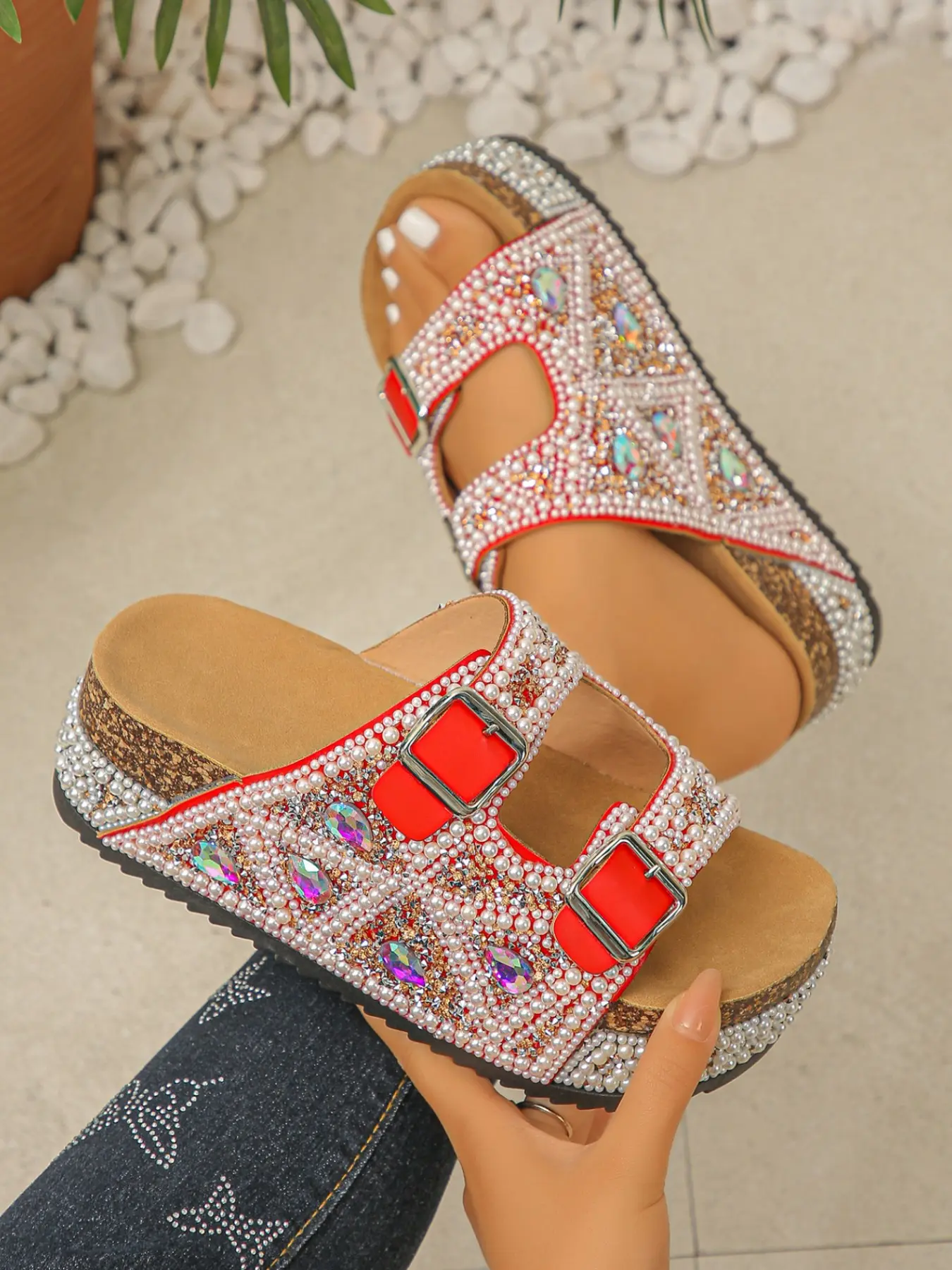 Pearl Rhinestone Platform Flip-Flops Sandal, Vintage Double Buckle Design, Thick Sole, Breathable Wooden Insole, Beach Travel Shoes, Slimming Heel Lift, Embellished Sandals, Fashionable Platform Sandals