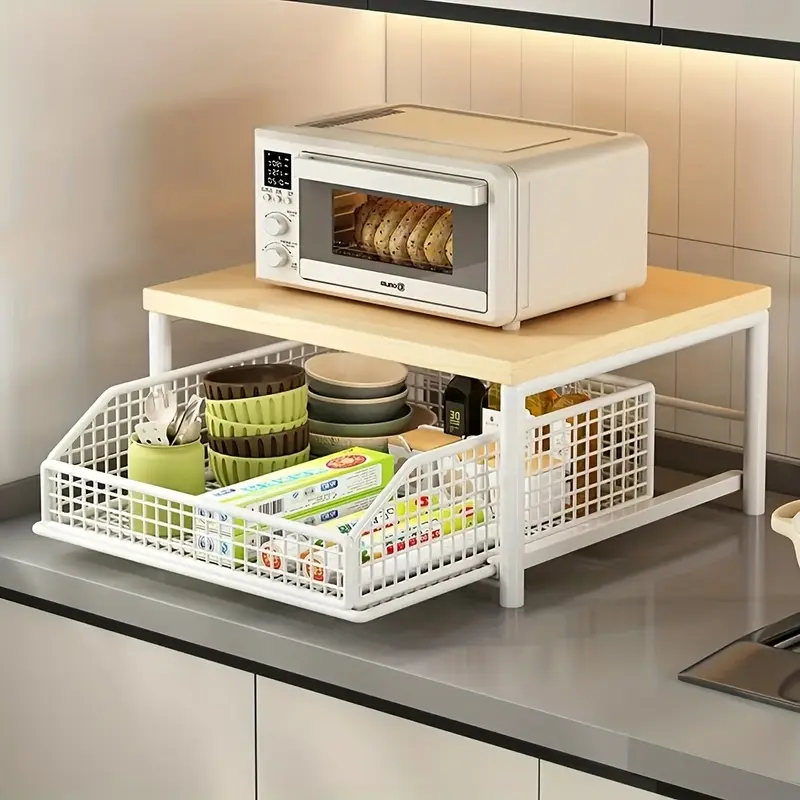 1pc microwave shelf for kitchen countertops. This vertical multi-functional baking rack comes with drawers, offering neat storage for kitchen gadgets and is an essential kitchen storage supply.