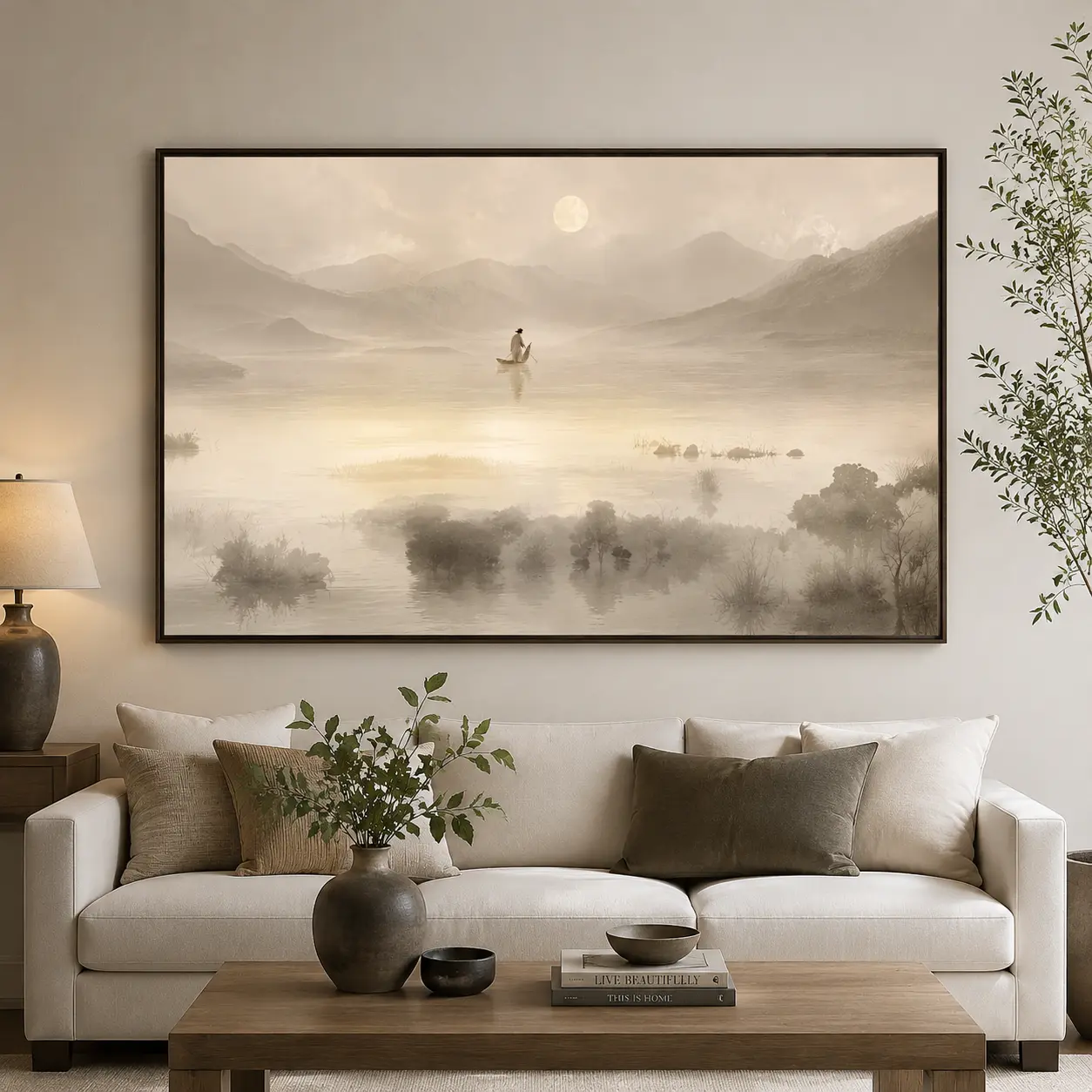 Jesus & Sheep Wall Art - Large Framed Minimalist Christian Canvas Prints, Pastoral Abstract Landscape in Soft Neutrals for Church Decor