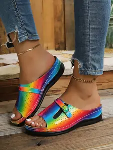 Breathable Hollow Out Wedge Sandals, Thick Sole Anti-Slip Buckle, Summer Outdoor Comfortable Mom Shoes, Women's Flip Flops