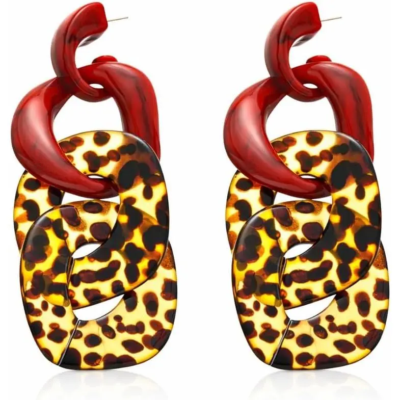 Chunky Chain Link Earrings for Women, Bold Red and Leopard Print  Statement Earrings, Large  Interlocking Link Dangles, Maximalist Fashion Accessory  for Her