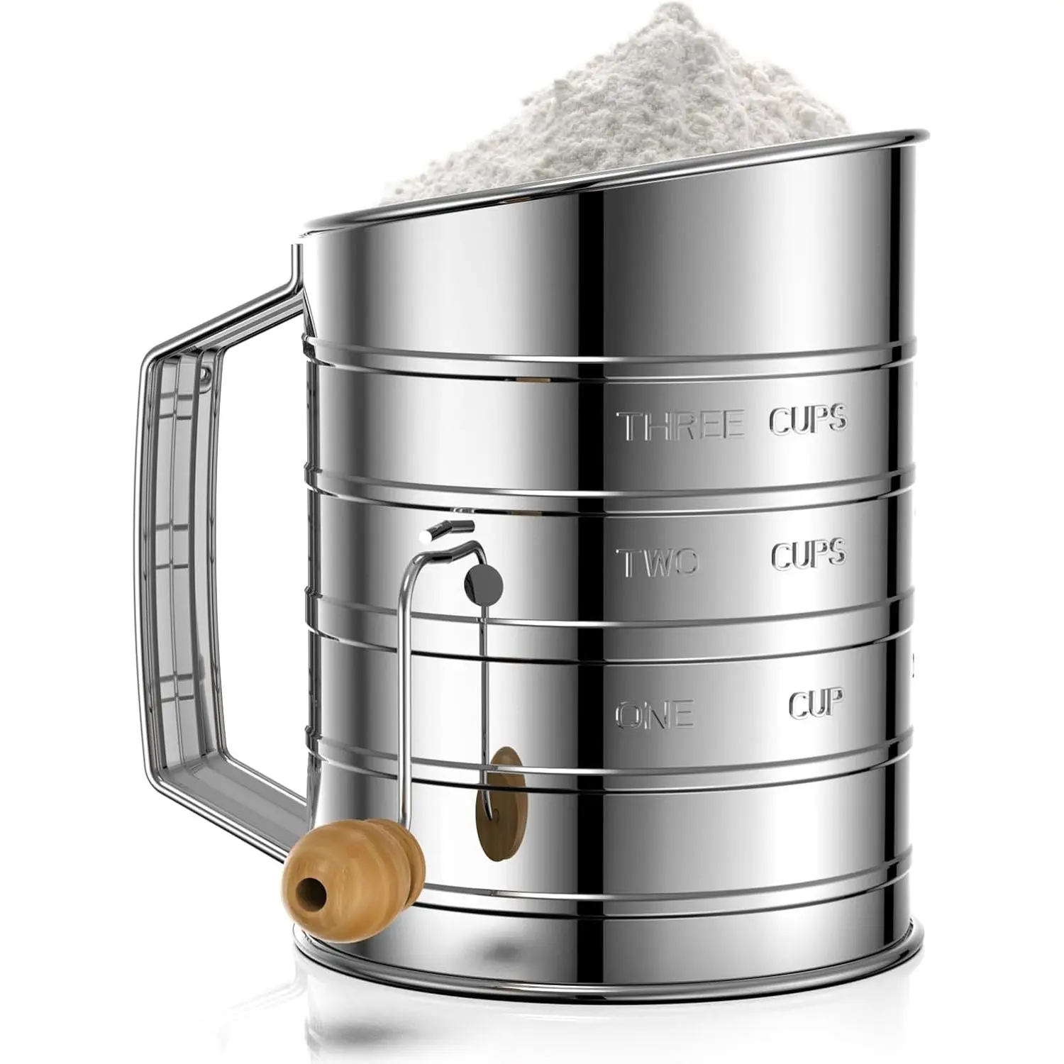 Flour Sifter for Baking, 3 Cup Hand Crank Sifter with Rotary | Excellent Stainless Steel, Professional Fine Mesh and Agitator Flour Duster