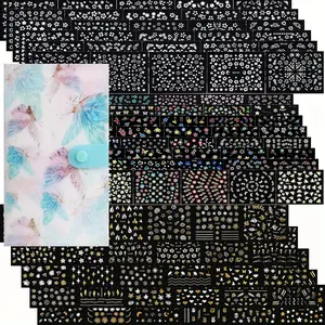 30 Sheets Nail Art Stickers & 1pc Storage Book, 3D Self-Adhesive White Floral Nail Stickers Designs, Multicolor Laser Golden Nail Decals for DIY Manicure Decorations