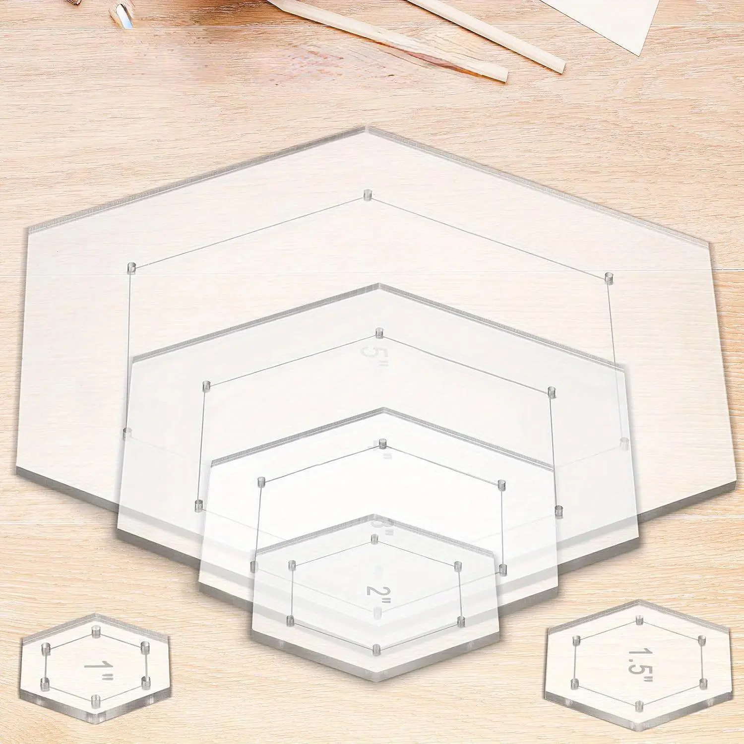 6pcs Hexagon Quilting Templates 1 Inch, 1.5 Inch, 2 Inch, 3 Inch, 4 Inch, 5 Inch With 1/4 Inch Seam Allowance, Acrylic Quilting Templates For DIY Quilting Sewing Crafts