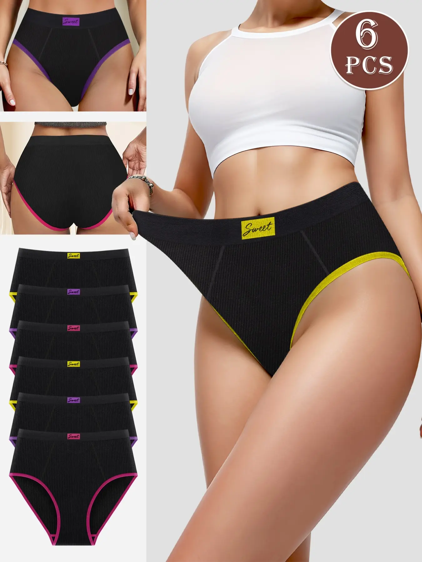 6 Pcs Underwear Knickers, Minimalist Solid Ribbed Design, Seamless Comfort, Mid Rise Panties for Women, Elegant Lounge Wear