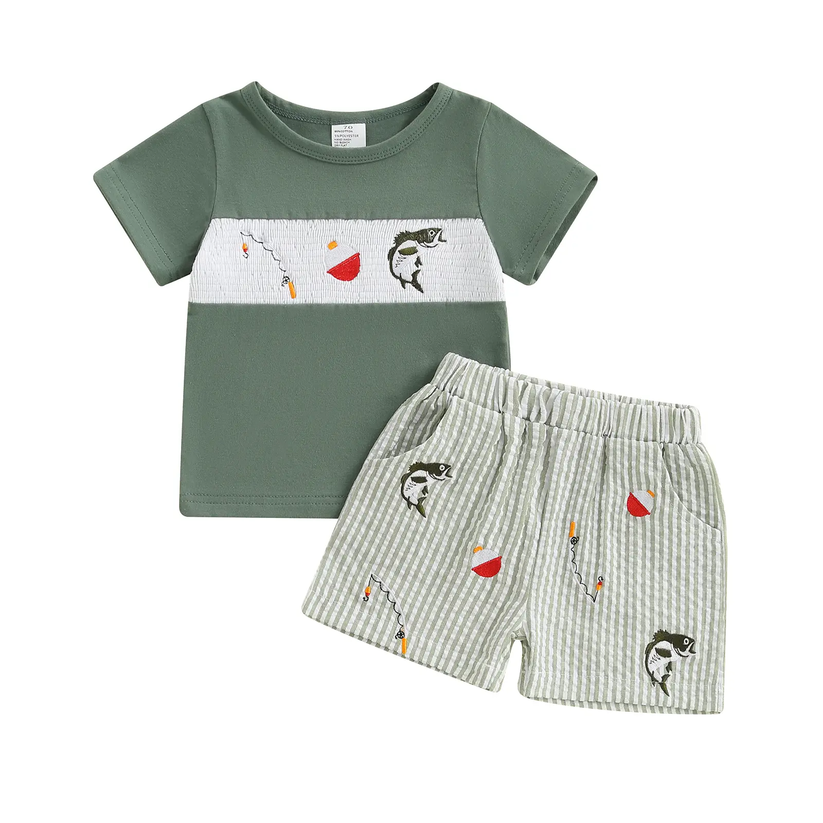 Toddler Baby Boys Summer Outfit Fish Embroidery Short Sleeve T-Shirt + Striped Shorts 2Pcs Set 3M-3T