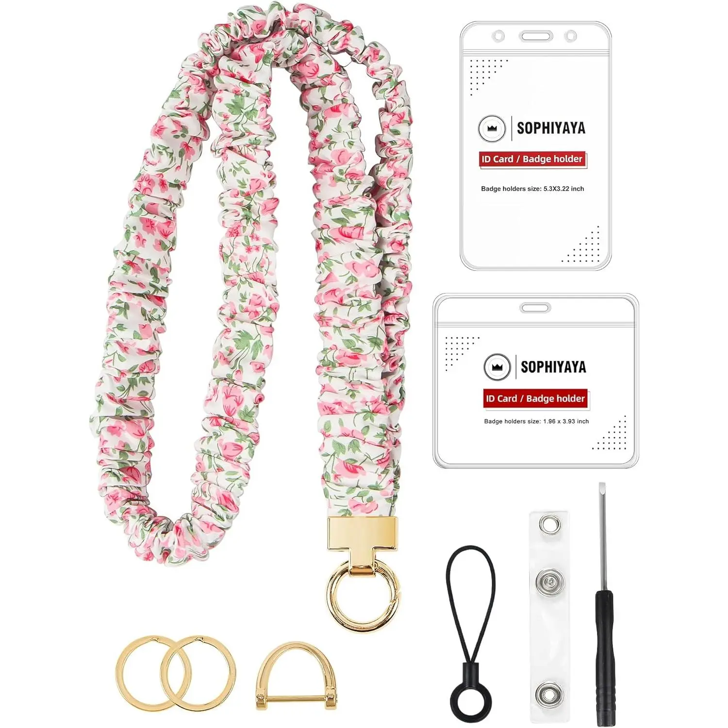 Scrunchie Lanyard for ID Badge Holder, Cute Teacher Lanyard for Women with 2 Card Clear Badge Holder (Pink Floral)