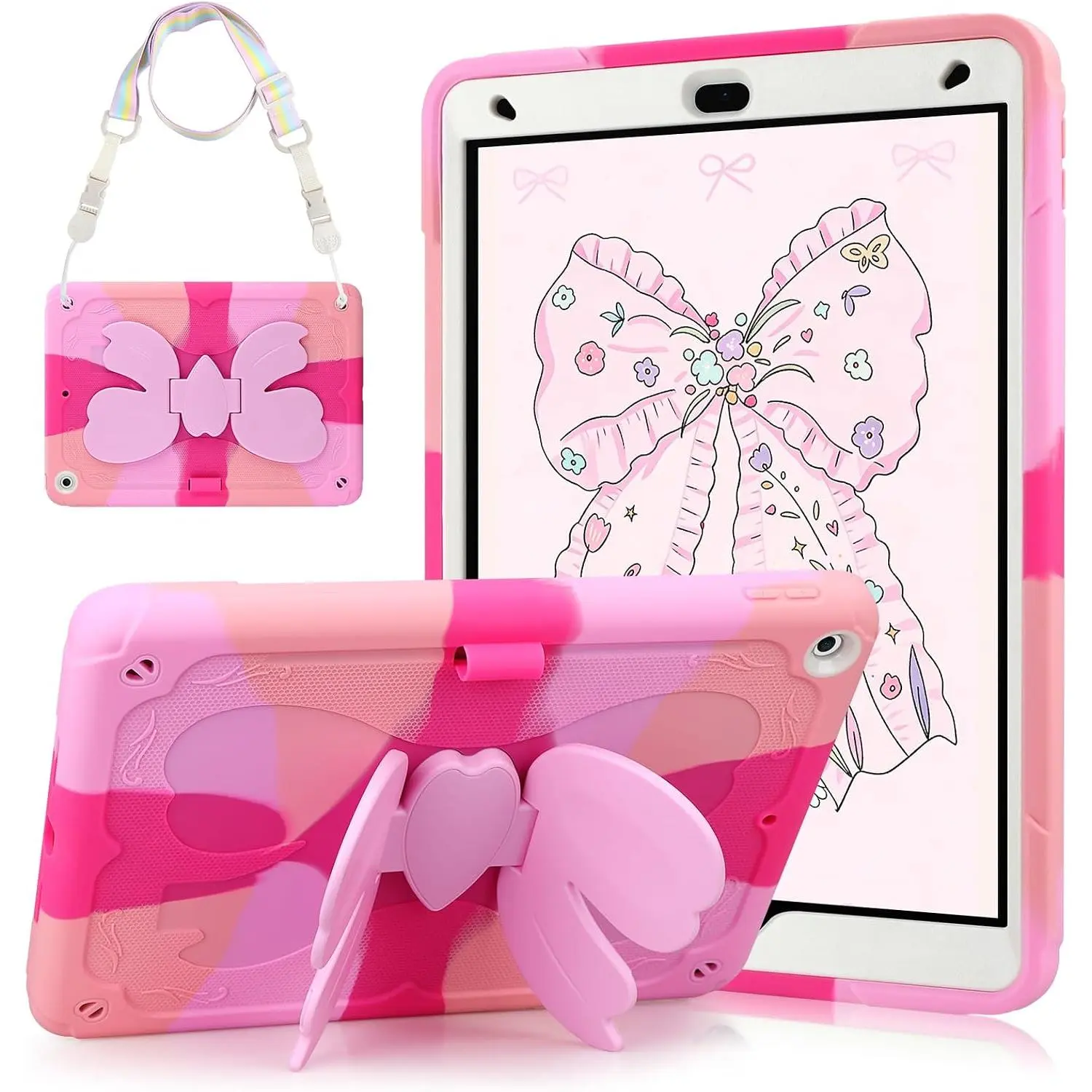 for iPad 9th/ 8th/ 7th Generation Case for  Girls with Sweet Bow Stand  Strap Pencil Holder 2 in 1 Hard Protective Cover for iPad 10.2 Inch 2021/2020/2019 -Colorful