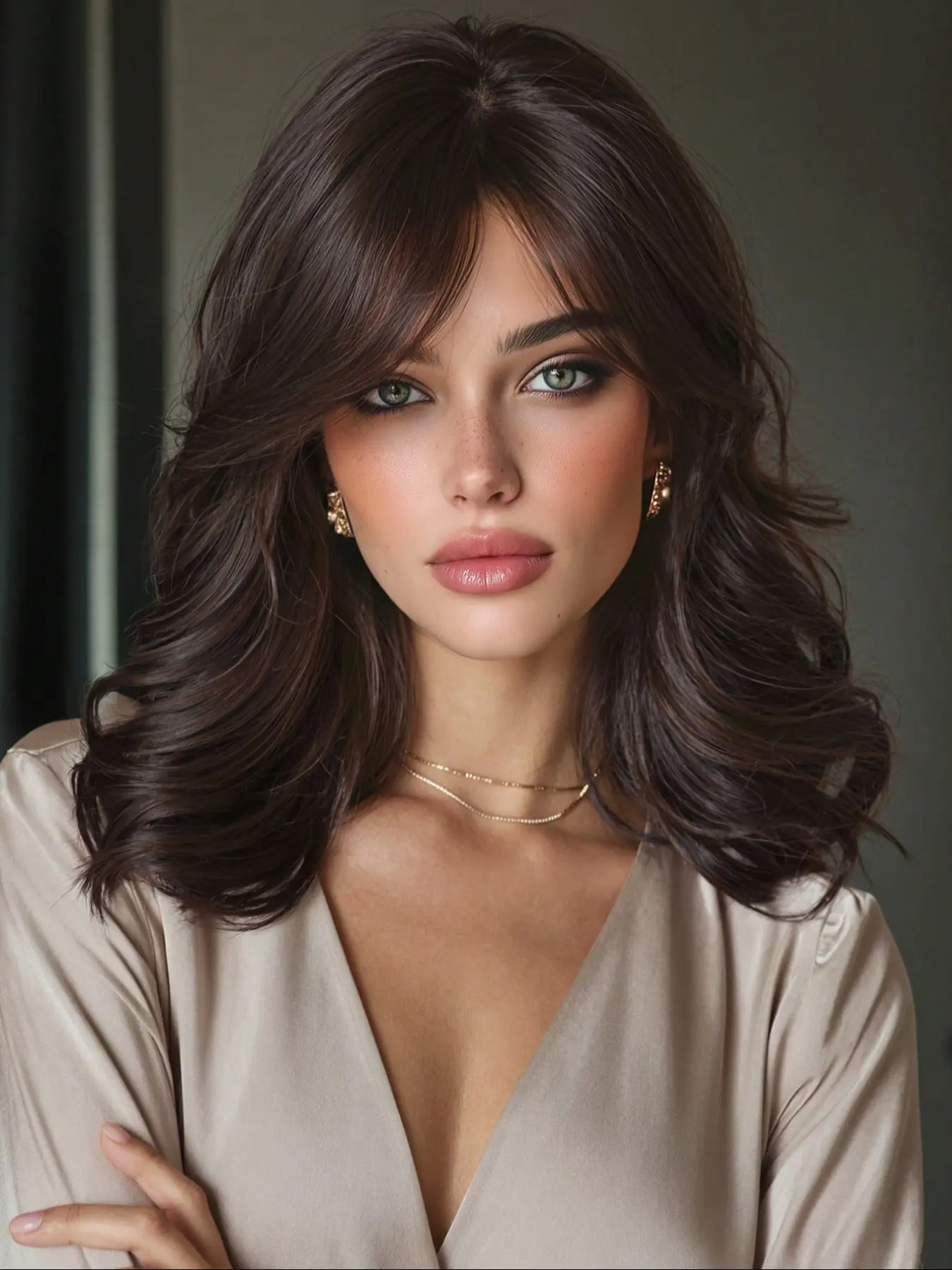 14-Inch Deep Wavy Wig, Air Bangs Shoulder-Length, Synthetic Fiber, Natural Wave, Inner Curl Full Cap, Women's Wig for Daily Wear or Dates, Wig With Bangs