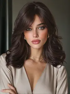 14-Inch Deep Wavy Wig, Air Bangs Shoulder-Length, Synthetic Fiber, Natural Wave, Inner Curl Full Cap, Women's Wig for Daily Wear or Dates, Wig With Bangs