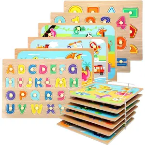 Toddler Puzzles and Rack Set, Wooden Peg Puzzles Bundle with Storage Holder Rack, Educational Knob Puzzle for Kids Age 2 3 4 Years - Alphabet Number Shape Dinosaur Animal Vehiclefidget toys