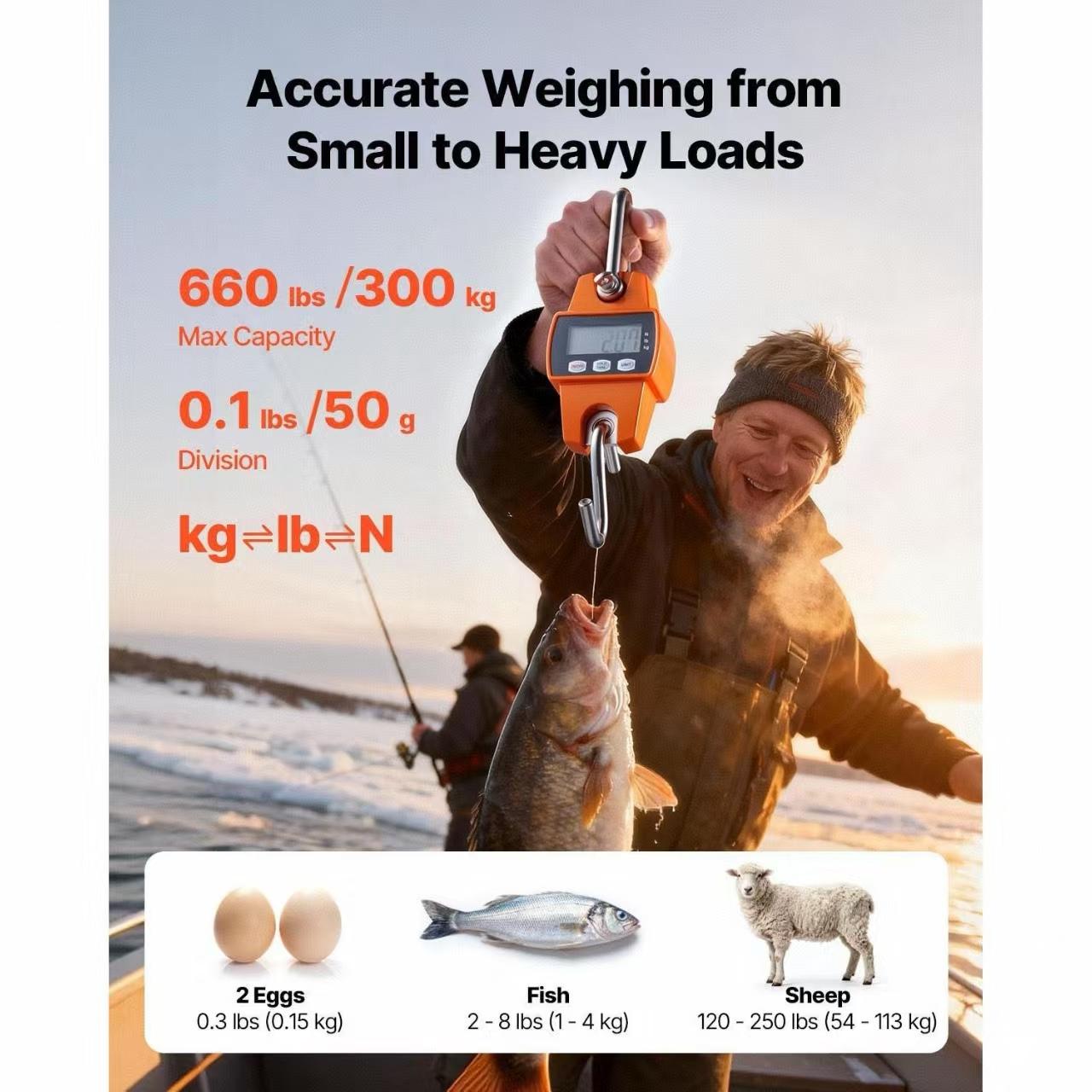 Digital Crane Scale, 660 lbs/300 kg Max Capacity, Handheld Hanging Scale with Cast Aluminum Case & LCD Display, 0.1 lbs Division & 3 Unit Switch, Portable Design for Farm Hunting Fishing, Orange