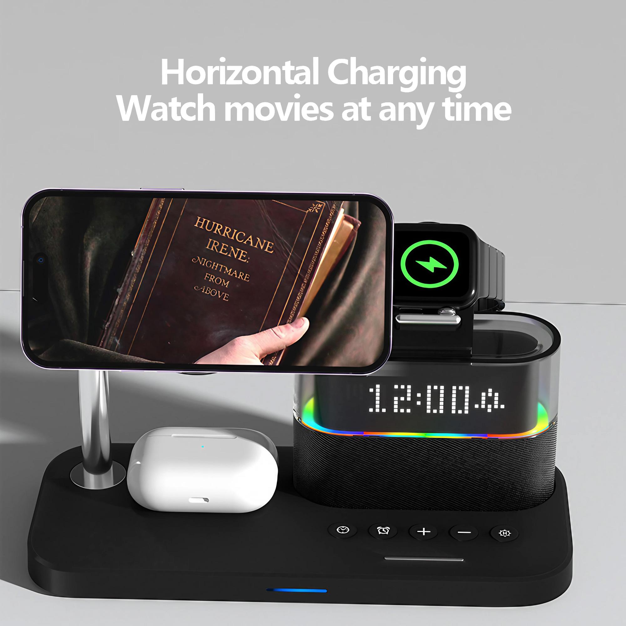 5-in-1 Wireless Charger with Clock, Mobile Magnetic Wireless Charger Stand for iPhone Apple Watch Airpods, for Magsafe Charger Set, Black Charging Station, for Smartphone, Cellphone, Electronic, Magnetic Charging Design, Charging Dock