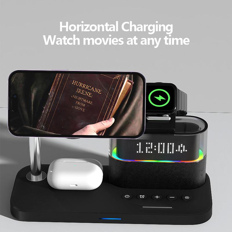 5-in-1 Wireless Charger with Clock, Mobile Magnetic Wireless Charger Stand for iPhone Apple Watch Airpods, for Magsafe Charger Set, Black Charging Station, for Smartphone, Cellphone, Electronic, Magnetic Charging Design, Charging Dock