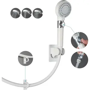 RV Shower Head with Hose,5-mode High Pressure Shower Head with On Off Switch Water Saving for Camper, No Drilling Wall Mount Handheld Shower Holder and Adhesive Hose Guide Ring (White)