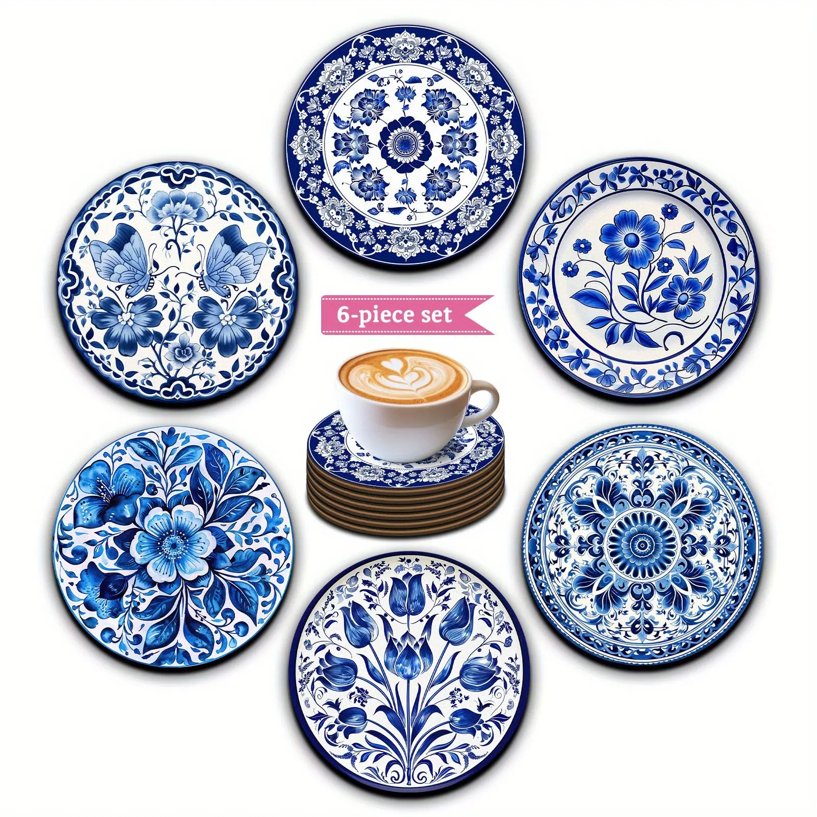 6-piece set of classical blue and white porcelain circular wooden coasters with blue and white patterns - suitable for beverages, coffee, and tea - ideal home and restaurant decoration gift, best choice for Christmas and Thanksgiving, thickness 0.5cm