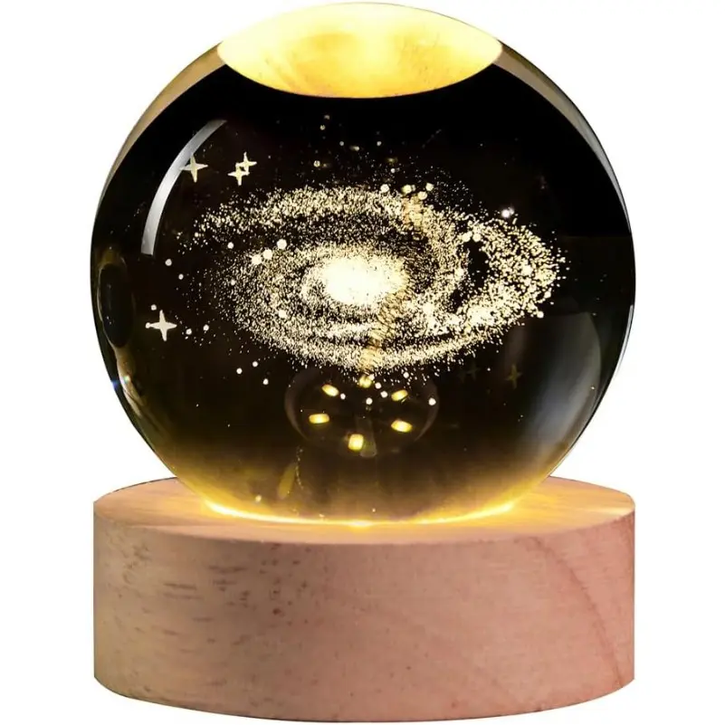 1pc Warm Light 3D Galaxy Crystal Ball 2.36" Laser Engraved Glass Planet Sphere Gifts with Lighted Base Home Office Decor Space Universe Birthday Gift for Girlfriend, Boyfriend, Wife, Husband, or Valentine's Day Gift for Astronomy Lovers