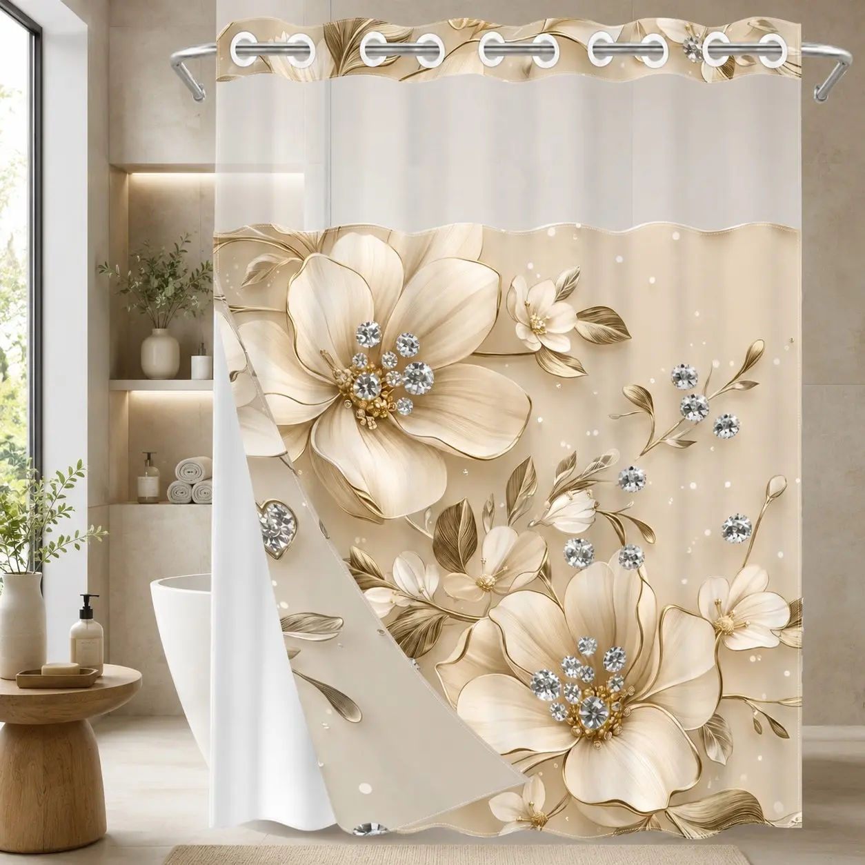 Champagne Gold Rhinestone Hibiscus Dual-Layer Bath Curtain, 71x74 Inches, Detachable Hook Inner Lining, Waterproof Mold-Resistant, Luxury Bathroom Decor