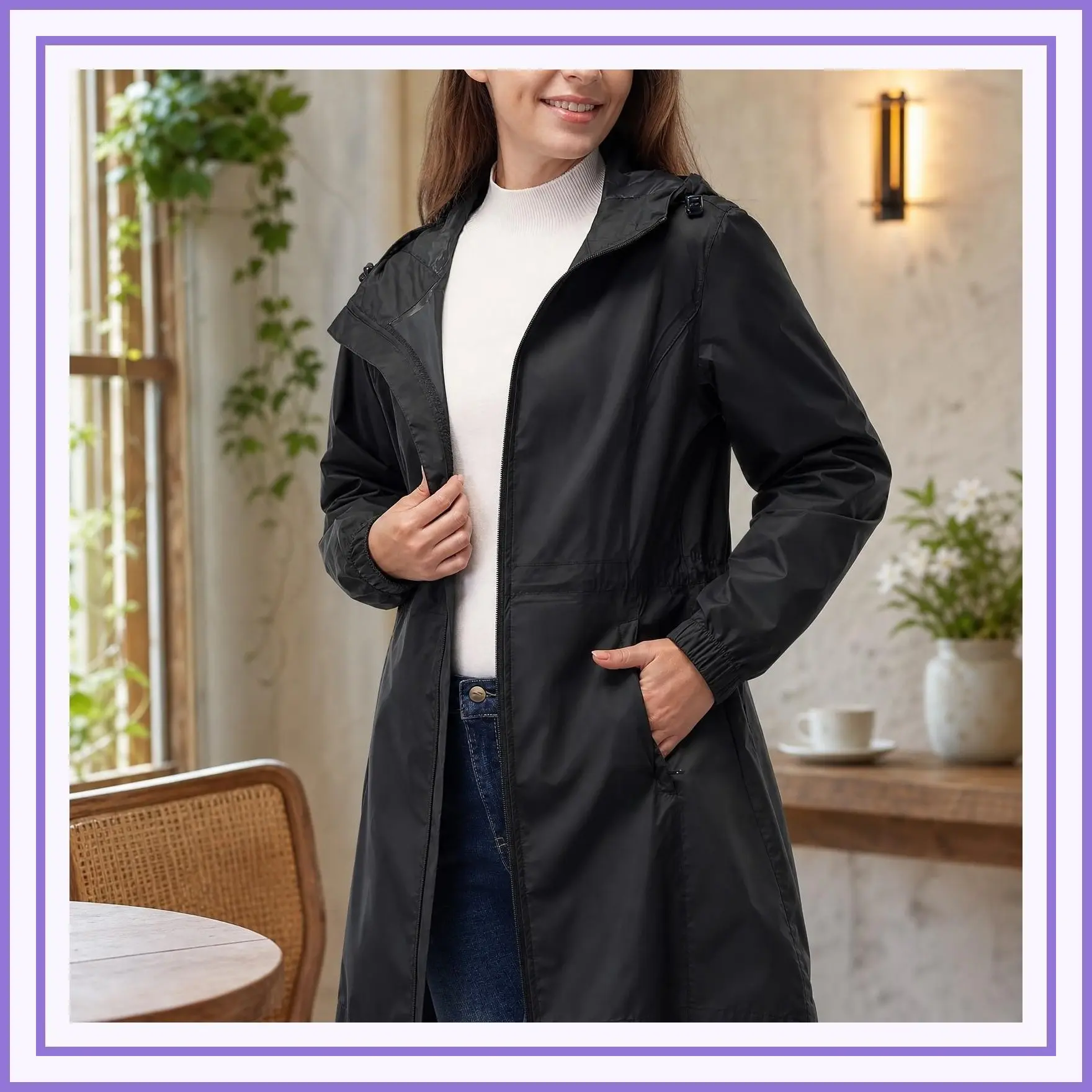 Women's Waterproof Packable Long Rain Jacket with Hood