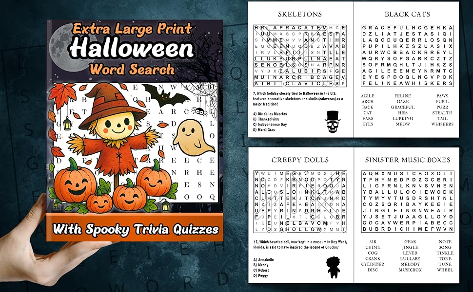 Extra Large Print Halloween Word Search For Adults: Jumbo Halloween Word Find For Seniors & Adults | 50 Themed Puzzles With Big Letters And With Spooky Trivia Questions