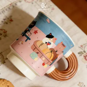 Kawaii Aesthetic Ceramic Coffee Mug with Retro Cat Illustration, Unique Textured Handle Milk Tea Cup, 15oz Warm Winter Gift for Cat Lovers & Students, Cute Home Office Desk Decor