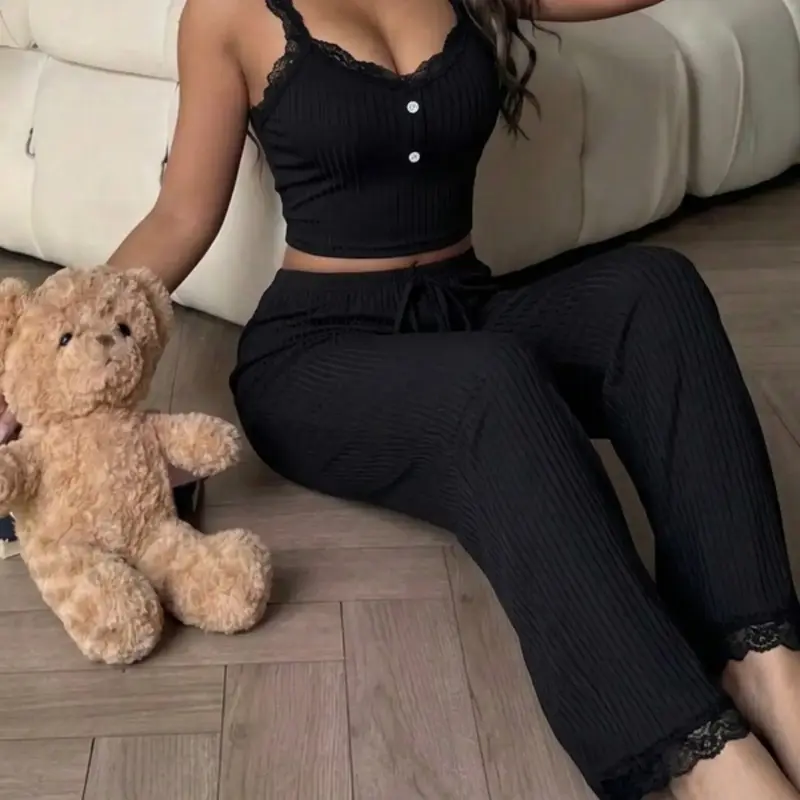 Lace Trim Casual Tank Top Women Set, V-Neck Sleeveless Blouse and Loose Ankle-Length Pants, Comfortable Home Wear Pajamas, Loungewear Pajamas