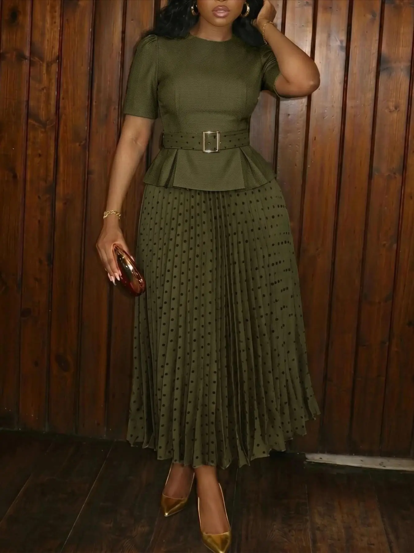 Plus Size Elegant Chic Women Two Piece Skirt Set Round Neck Short Sleeve Belted Peplum Top High Waist Polka Dot Pleated Skirt Office Church Party Spring Summer Daily Casual Occasions