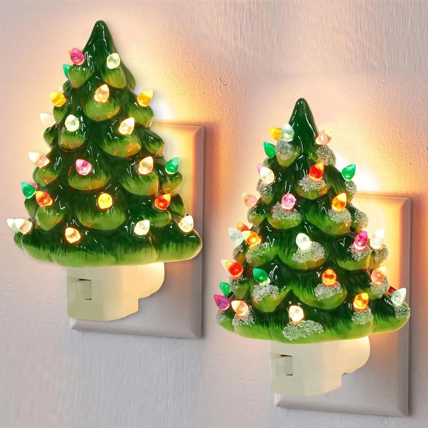 Christmas Tree Night Light, Decorative Ceramic Night Light, Child-Friendly, Multi-Color Bulbs, 360° Rotating Plug, Bedroom Kitchen Bathroom Decor