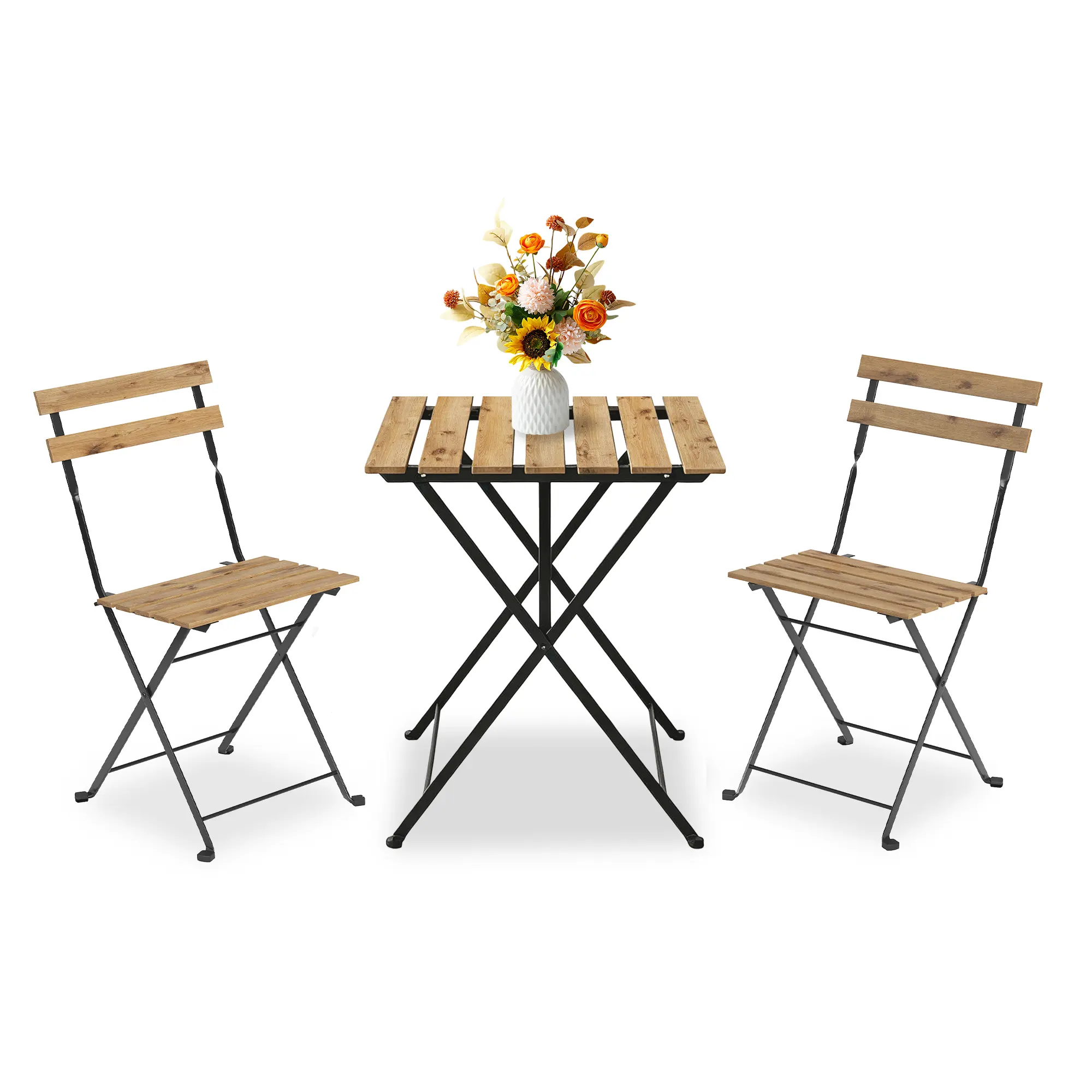 Space-Saving Folding Bistro Set – 3-Piece Iron and Wood Outdoor Patio Table and Chairs – Sturdy, Weather-Resistant, Modern Design for Balcony, Garden, or Porch – Original Color